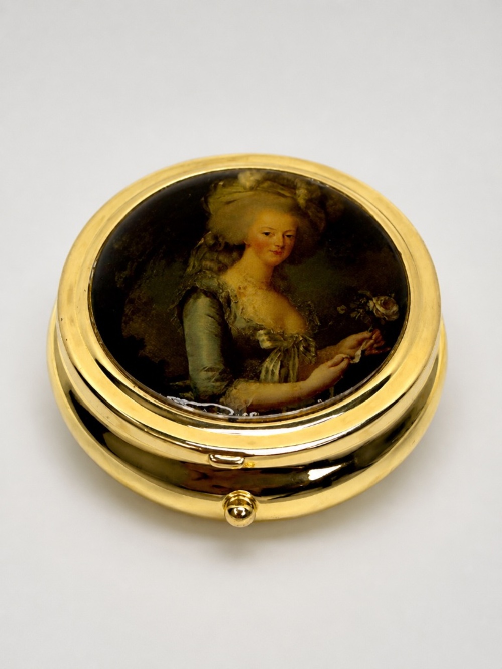 Vintage Gold Tone Pill Box with 3 Compartments Victorian Lady Portrait Design